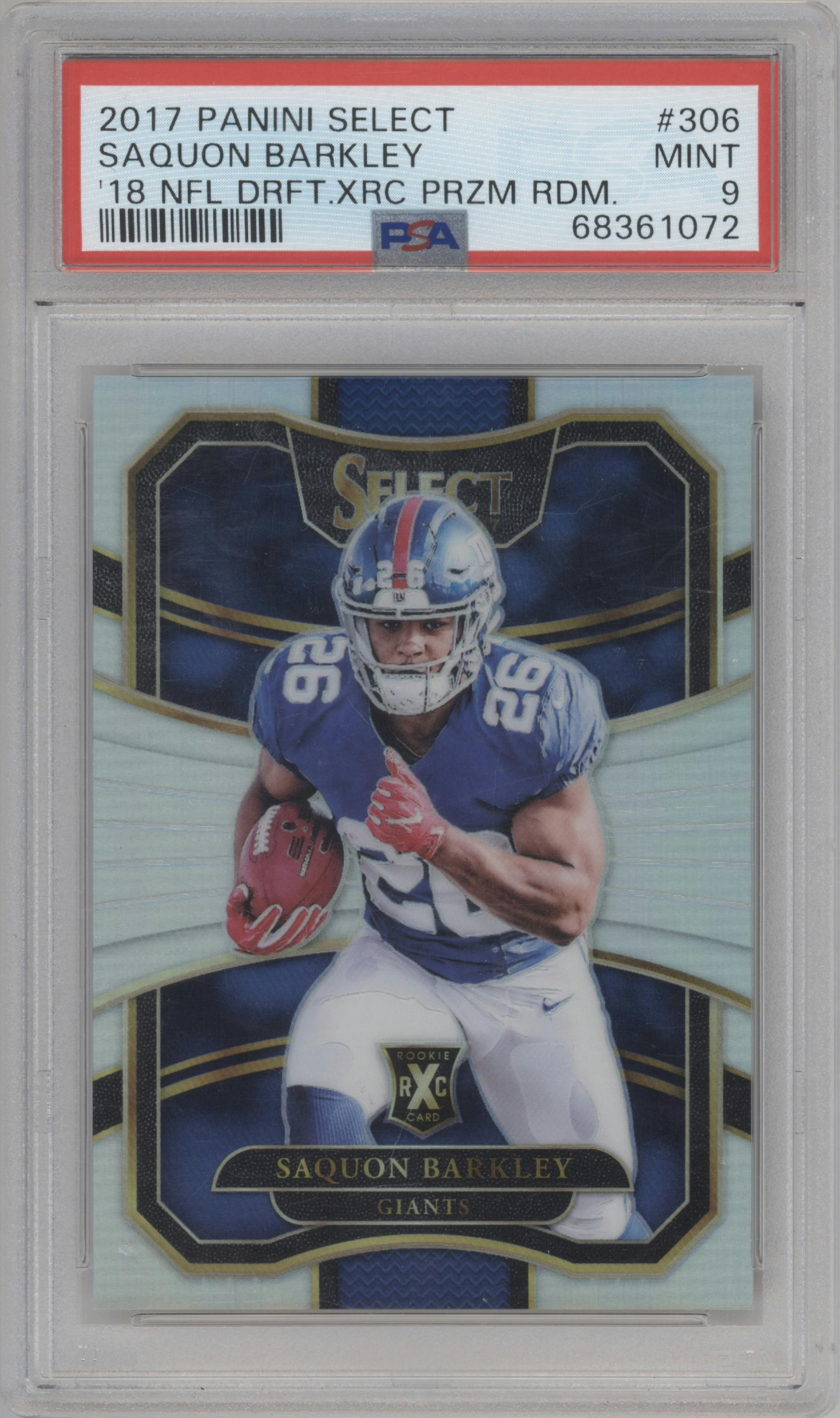 Saquon Barkley from the 2017 Panini Select set graded by PSA and given an overall grade of 9.