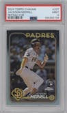 Jackson Merrill from the 2024 Topps Chrome set featuring a Refractor parallel graded by PSA and given an overall grade of 9.