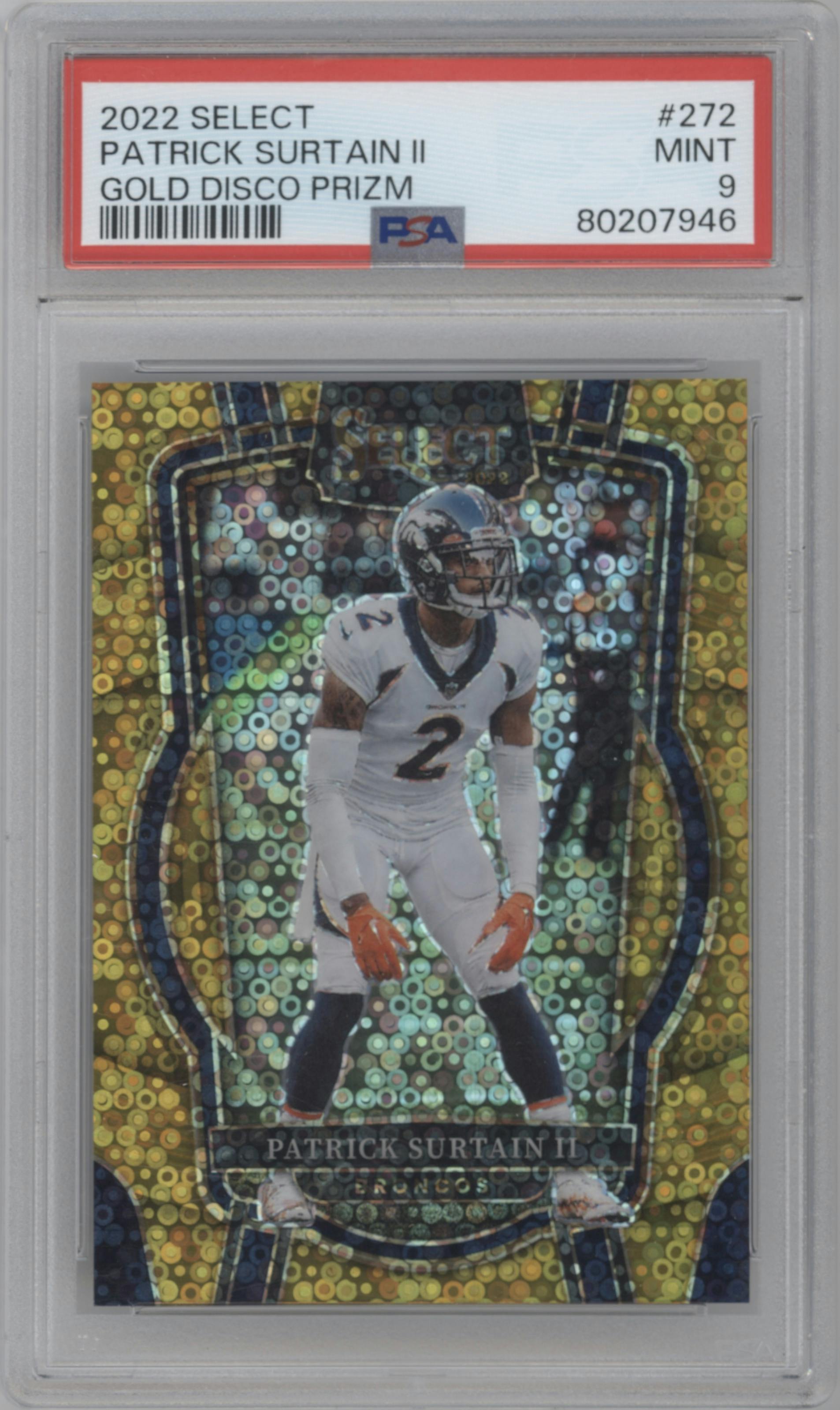 Patrick Surtain II from the 2022 Panini Select set featuring a Gold Disco parallel graded by PSA and given an overall grade of 9.