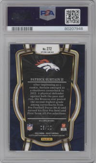 Patrick Surtain II from the 2022 Panini Select set featuring a Gold Disco parallel graded by PSA and given an overall grade of 9.
