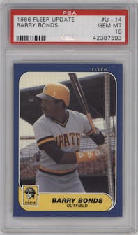 Barry Bonds from the 1986 Fleer Update set graded by PSA and given an overall grade of 10.