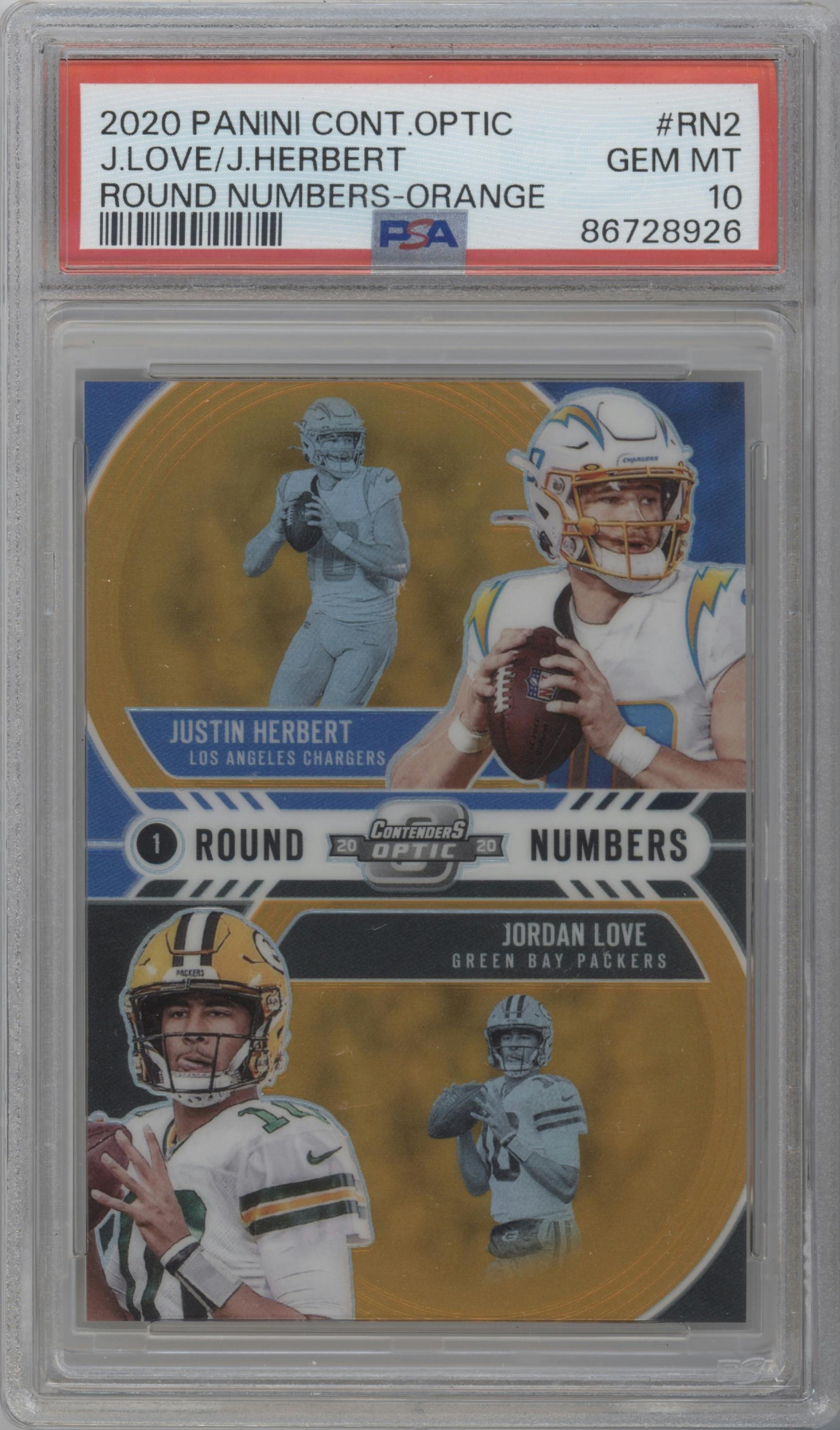 Justin Herbert/Jordan Love from the 2020 Panini Contenders Optic set featuring a Orange parallel graded by PSA and given an overall grade of 10.