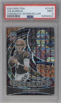Joe Burrow from the 2023 Panini Spectra set featuring a Interstellar parallel graded by PSA and given an overall grade of 9.
