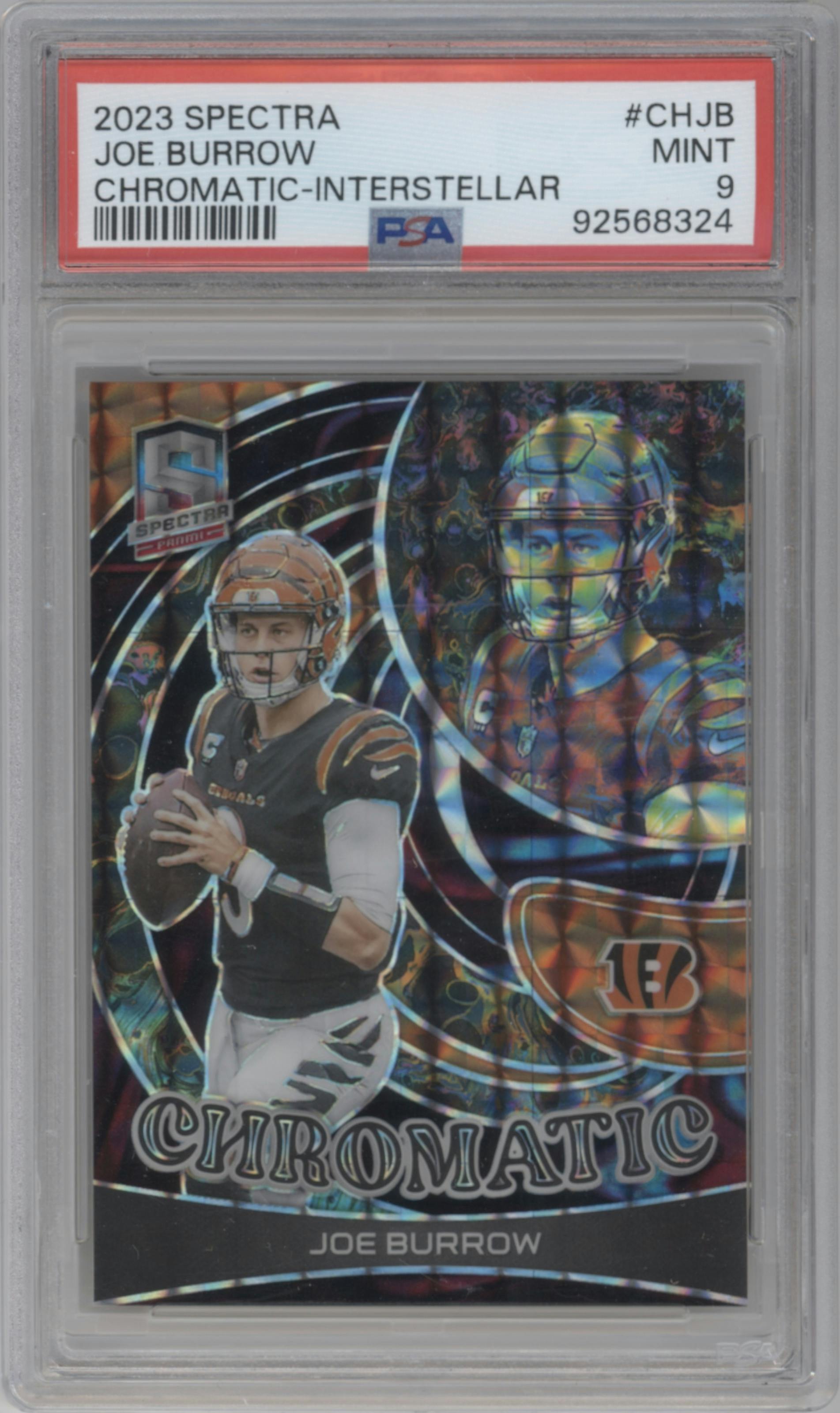 Joe Burrow from the 2023 Panini Spectra set featuring a Interstellar parallel graded by PSA and given an overall grade of 9.