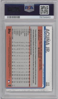 Ronald Acuna Jr. from the 2019 Topps Chrome set featuring a Negative Refractor parallel graded by PSA and given an overall grade of 9.