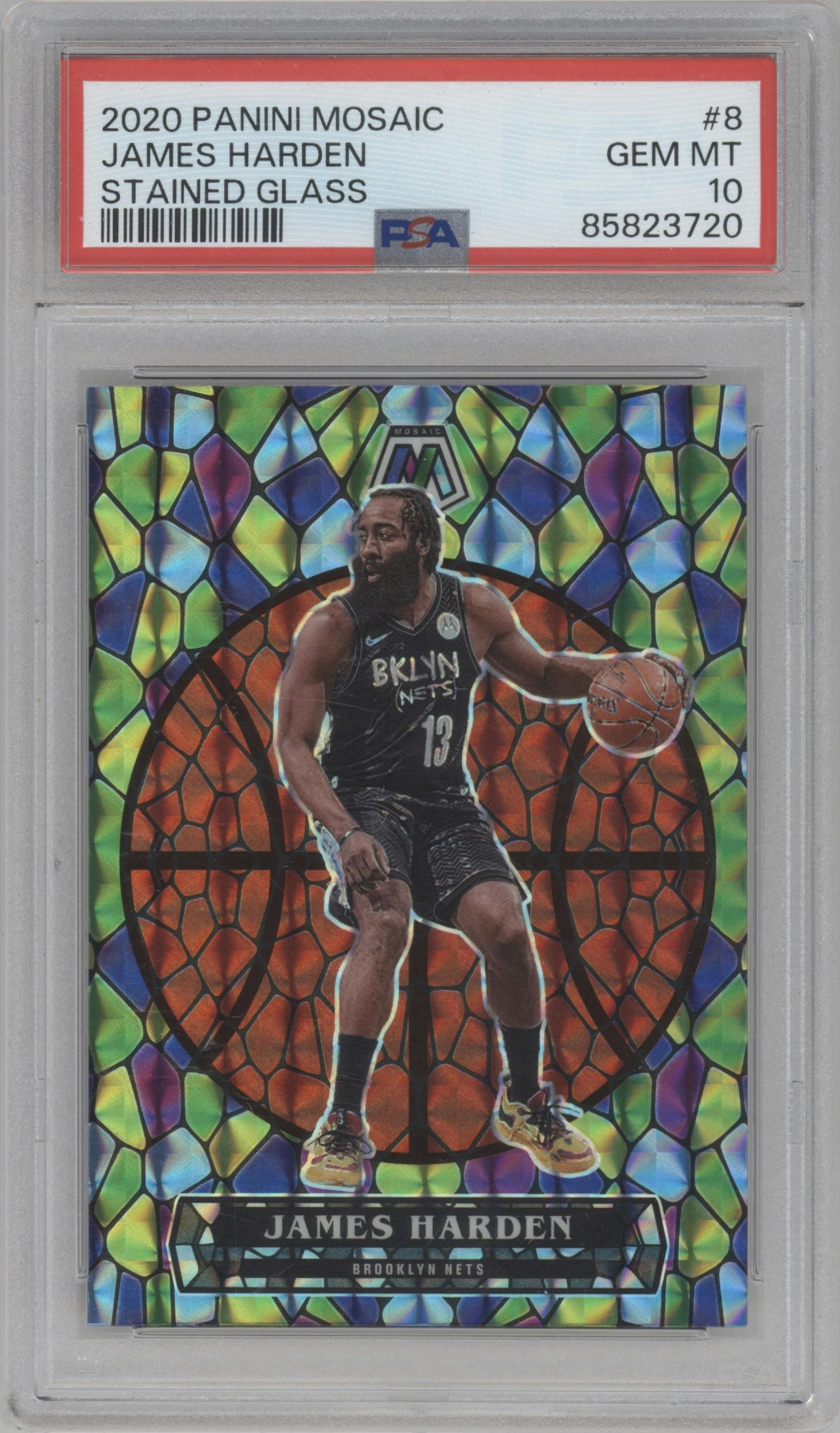 James Harden from the 2020-21 Panini Mosaic set graded by PSA and given an overall grade of 10.