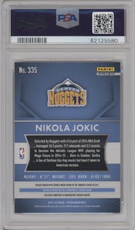 Nikola Jokic from the 2015-16 Panini Prizm  set featuring a Red/White/Blue Prizm parallel graded by PSA and given an overall grade of 9.