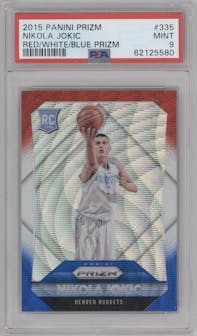Nikola Jokic from the 2015-16 Panini Prizm  set featuring a Red/White/Blue Prizm parallel graded by PSA and given an overall grade of 9.