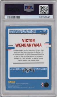 Victor Wembanyama from the 2023-24 Donruss Optic set featuring a Choice parallel graded by PSA and given an overall grade of 10.