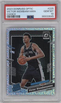 Victor Wembanyama from the 2023-24 Donruss Optic set featuring a Choice parallel graded by PSA and given an overall grade of 10.