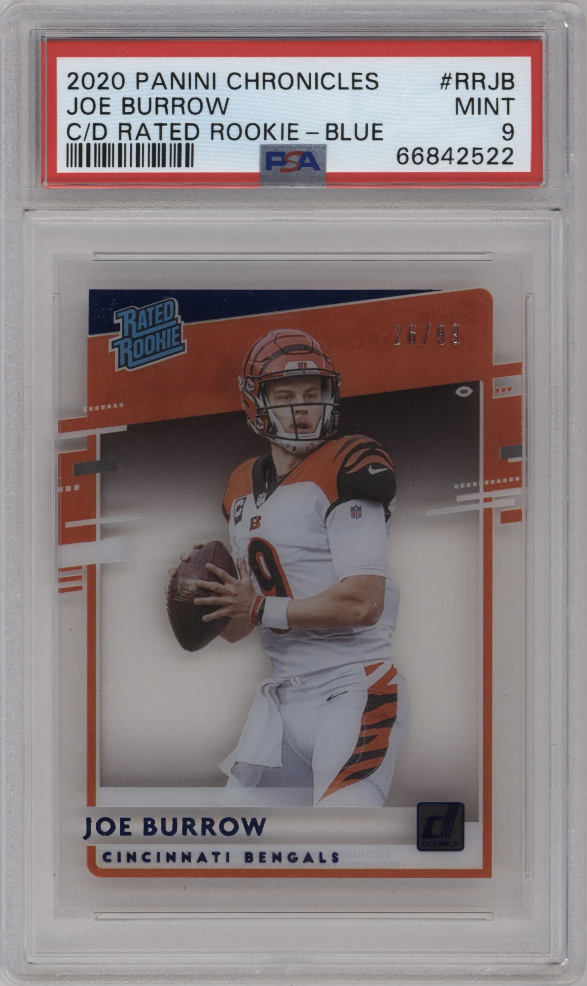 2020 Panini Chronicles Clearly Donruss Rtd.Rke. Joe Burrow Blue #RR-JB PSA 9