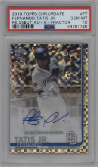 Fernando Tatis Jr. from the 2019 Topps Chrome Update set featuring a X-Fractor parallel graded by PSA and given an overall grade of 10.
