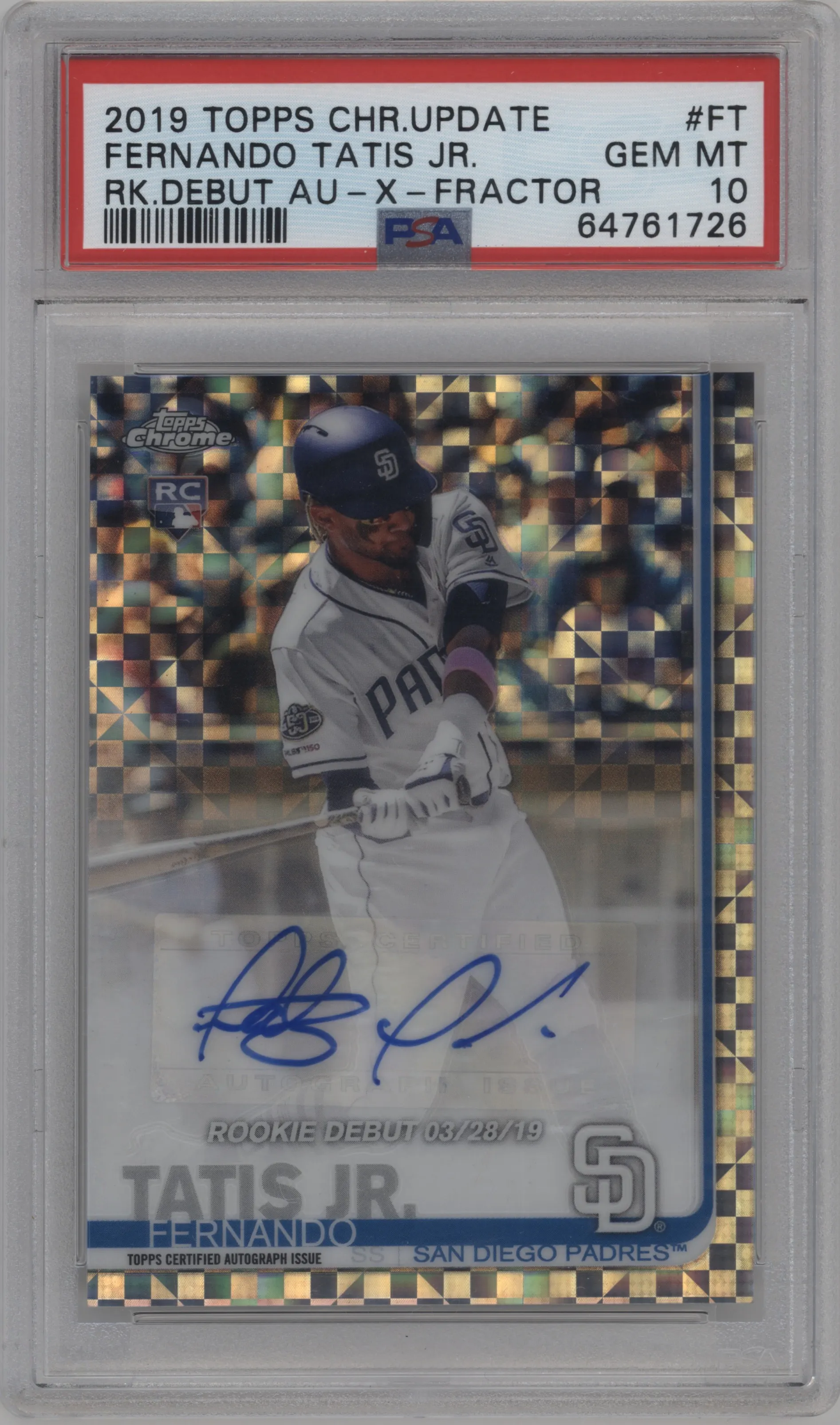 Fernando Tatis Jr. from the 2019 Topps Chrome Update set featuring a X-Fractor parallel graded by PSA and given an overall grade of 10.