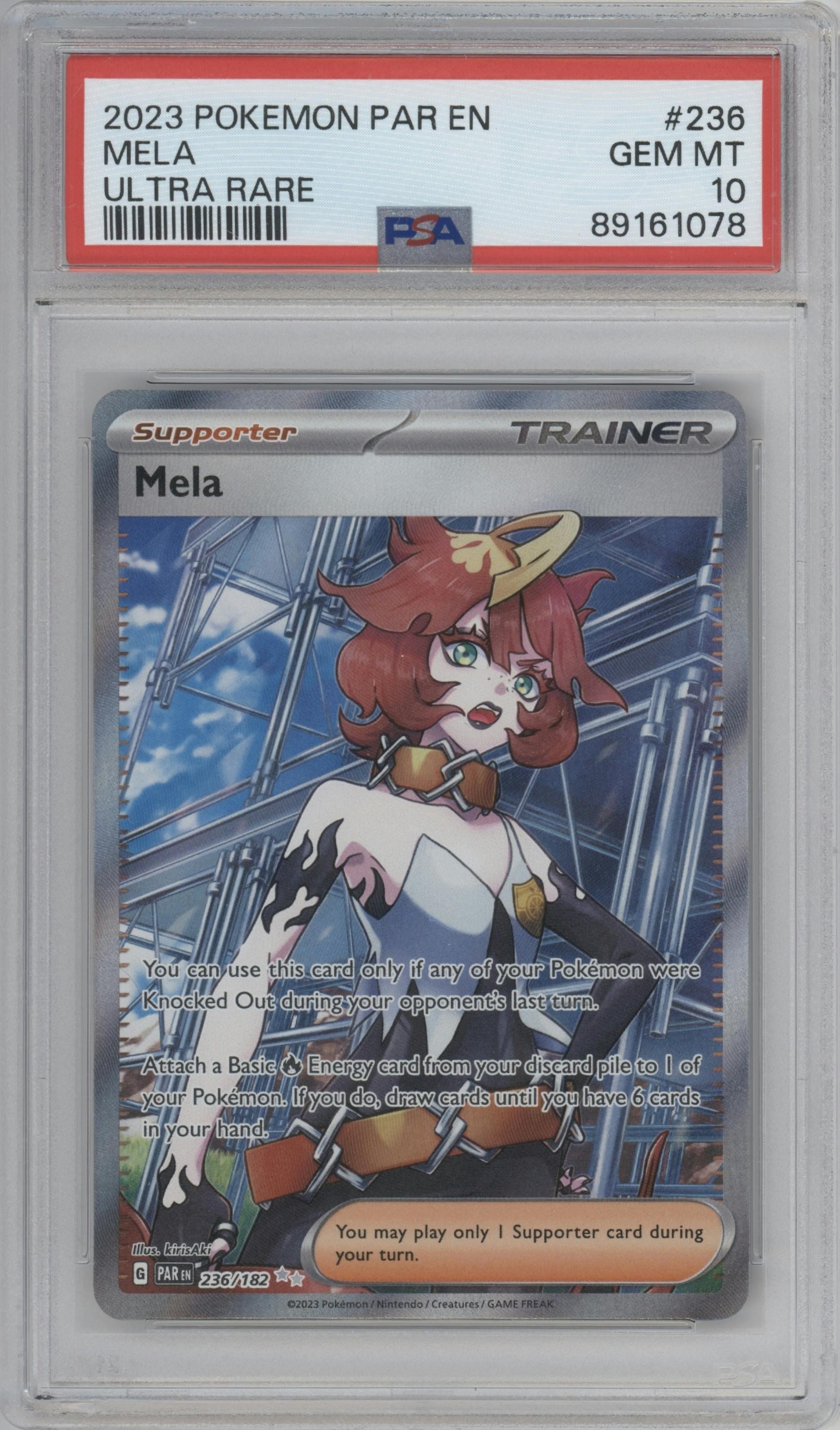 Mela from the 2023 Pokemon SV set graded by PSA and given an overall grade of 10.
