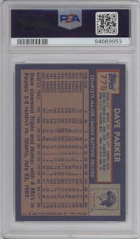 Dave Parker from the 1984 Topps set graded by PSA and given an overall grade of 8.