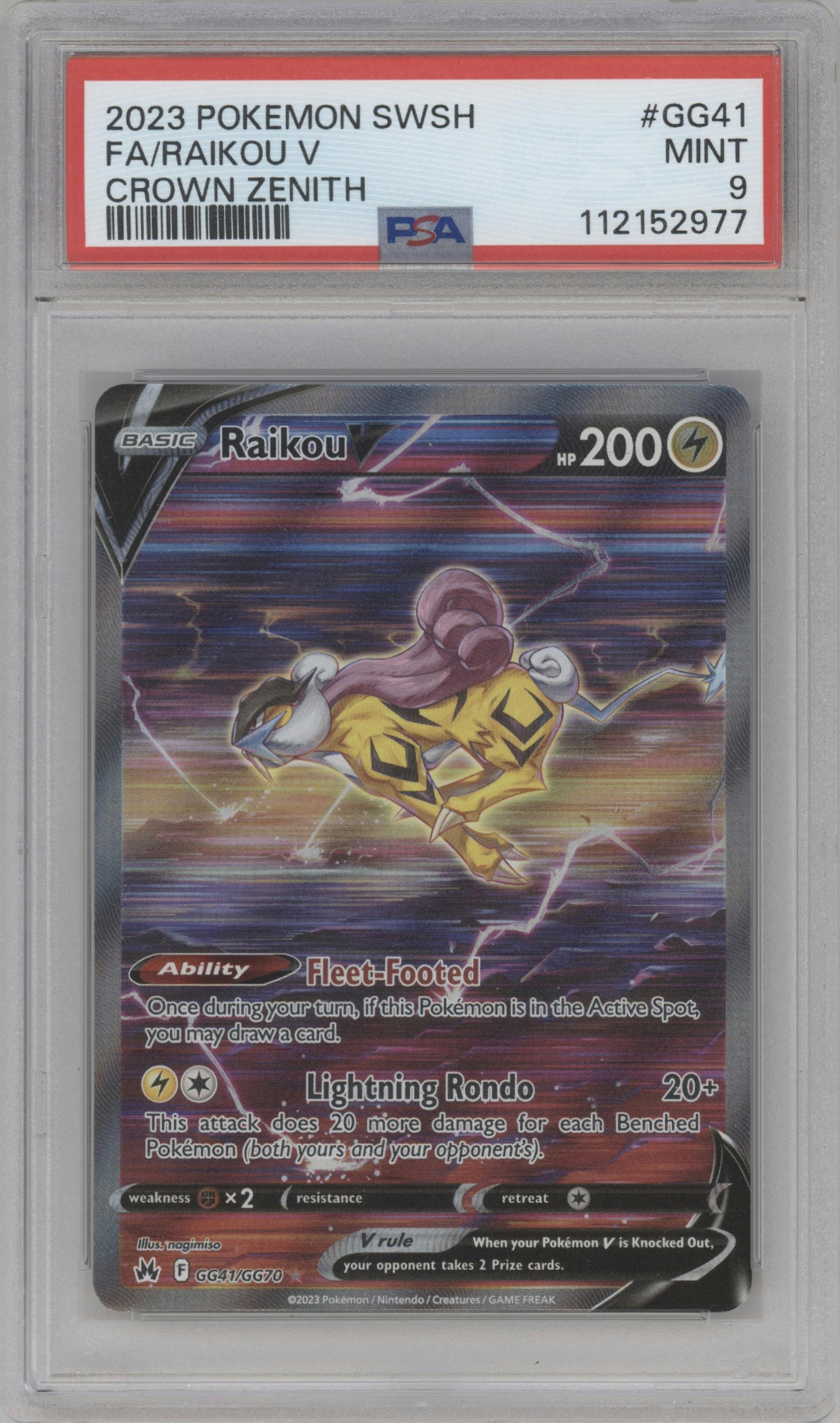 Raikou V from the 2023 Pokemon SWSH set graded by PSA and given an overall grade of 9.