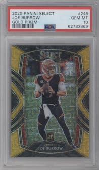 Joe Burrow from the 2020 Panini Select set featuring a Gold Prizm parallel graded by PSA and given an overall grade of 10.