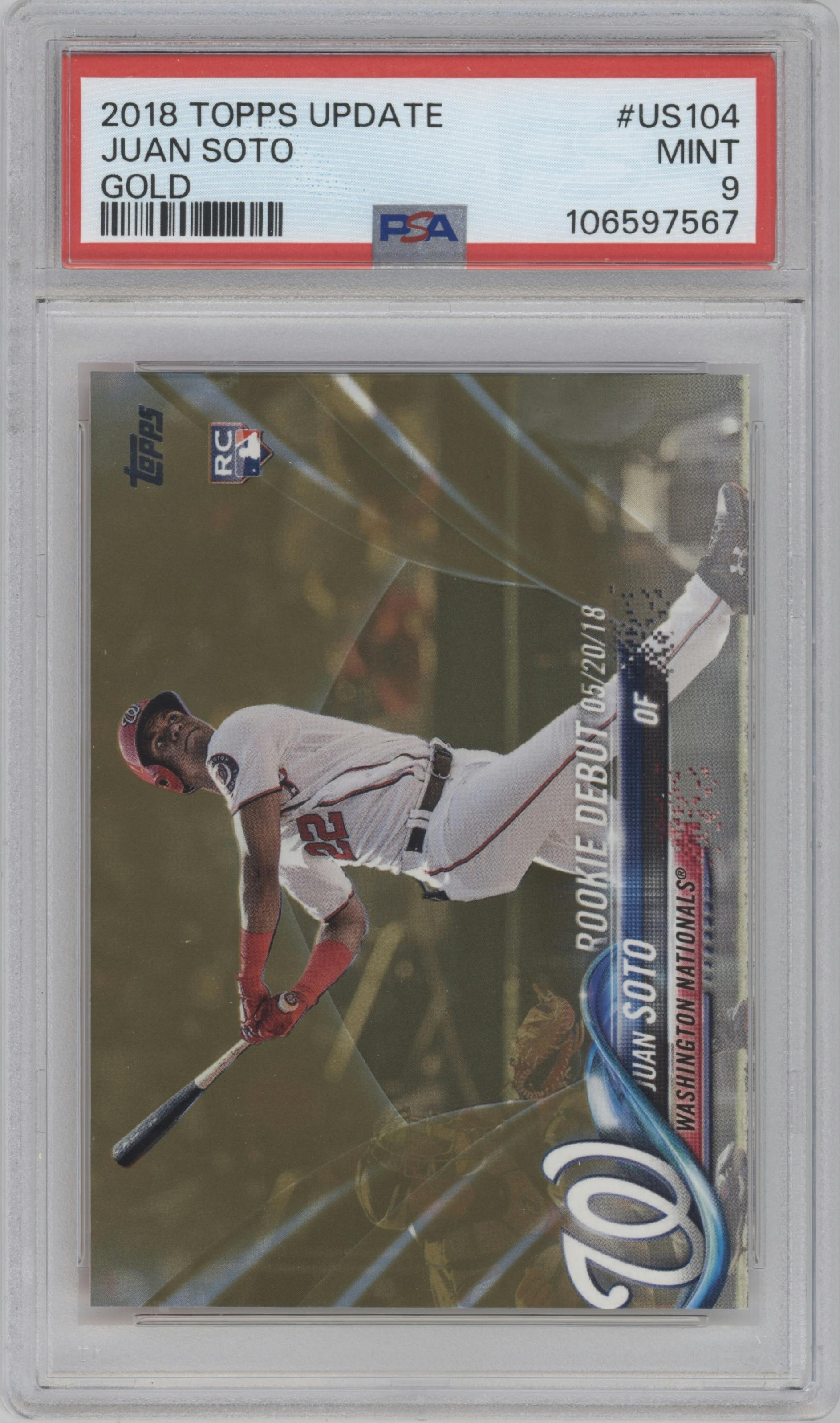 Juan Soto from the 2018 Topps Update set featuring a Gold parallel graded by PSA and given an overall grade of 9.