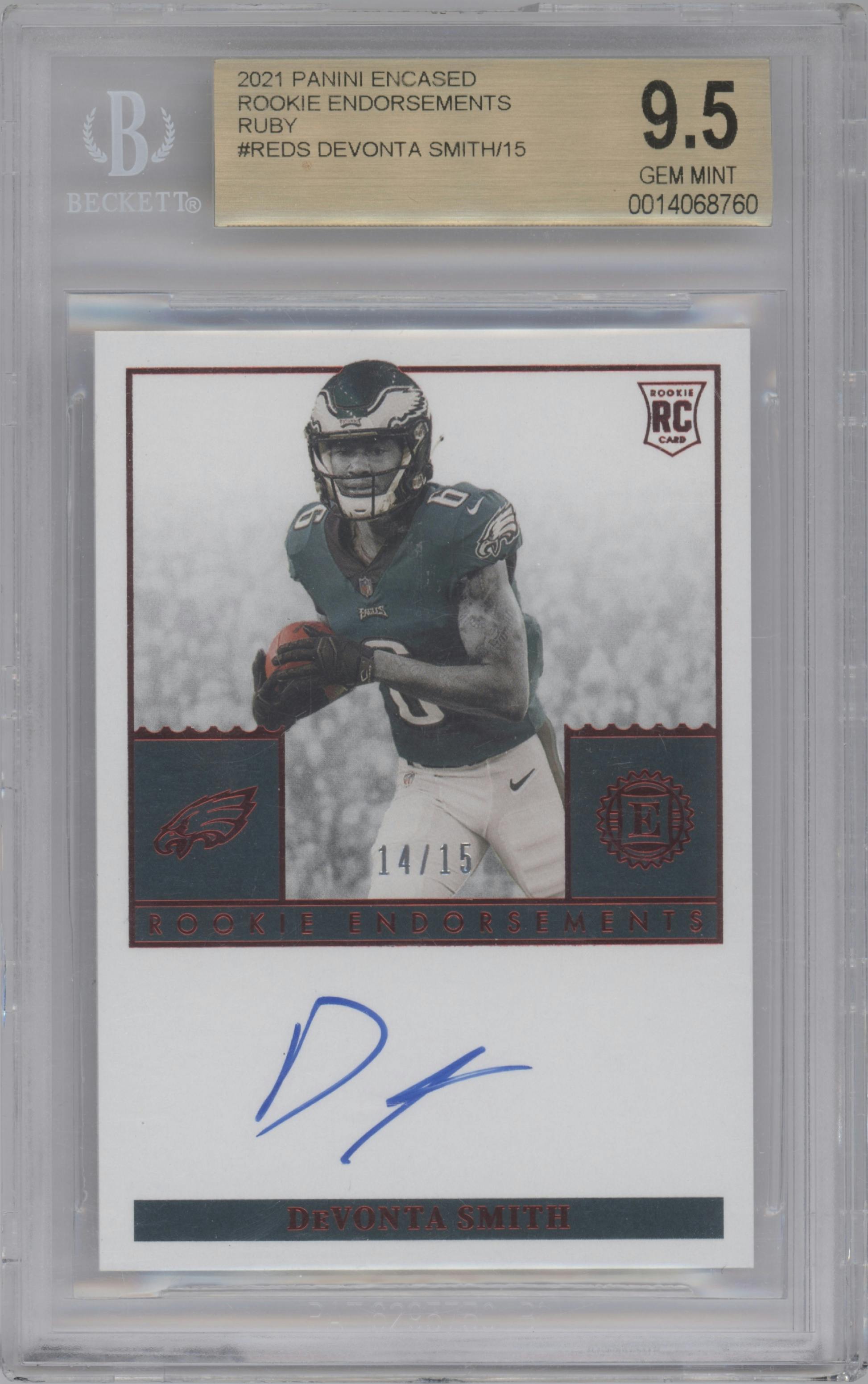 DeVonta Smith from the 2021 Panini Encased set featuring a Ruby parallel graded by Beckett and given an overall grade of 9.5.