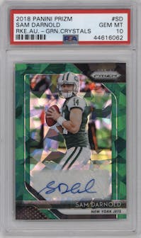 Sam Darnold from the 2018 Panini Prizm set featuring a Green Crystals parallel graded by PSA and given an overall grade of 10.