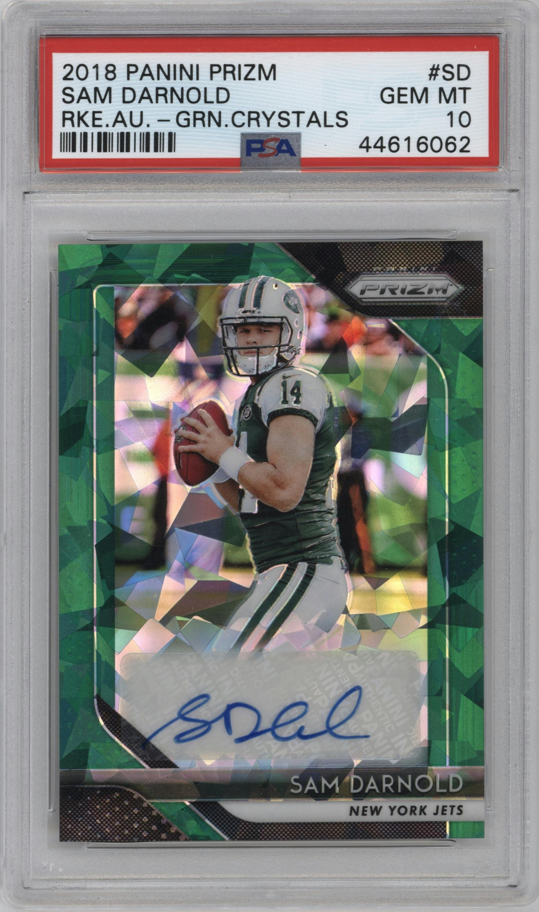 Sam Darnold from the 2018 Panini Prizm set featuring a Green Crystals parallel graded by PSA and given an overall grade of 10.