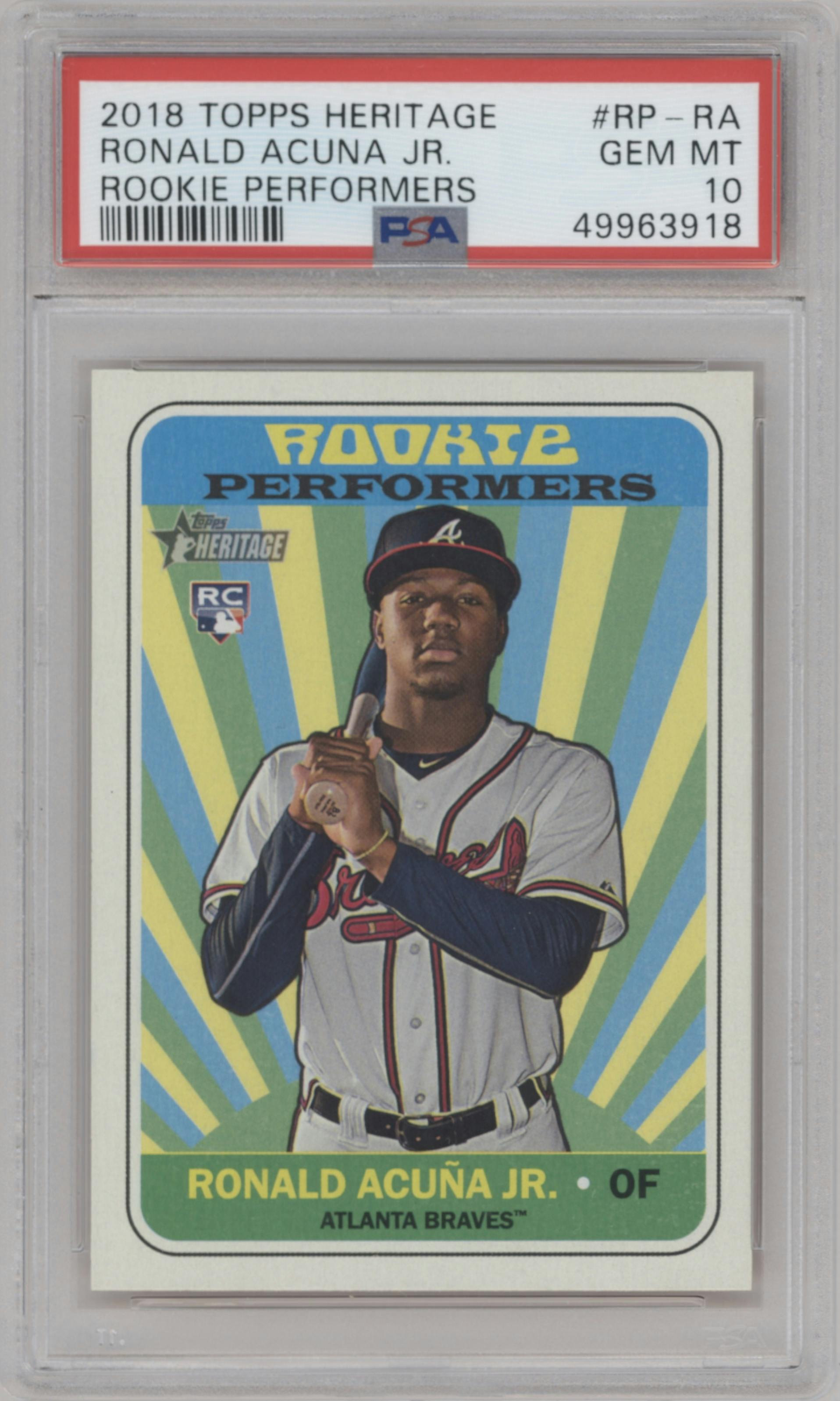Ronald Acuna Jr. from the 2018 Topps Heritage High Number set graded by PSA and given an overall grade of 10.