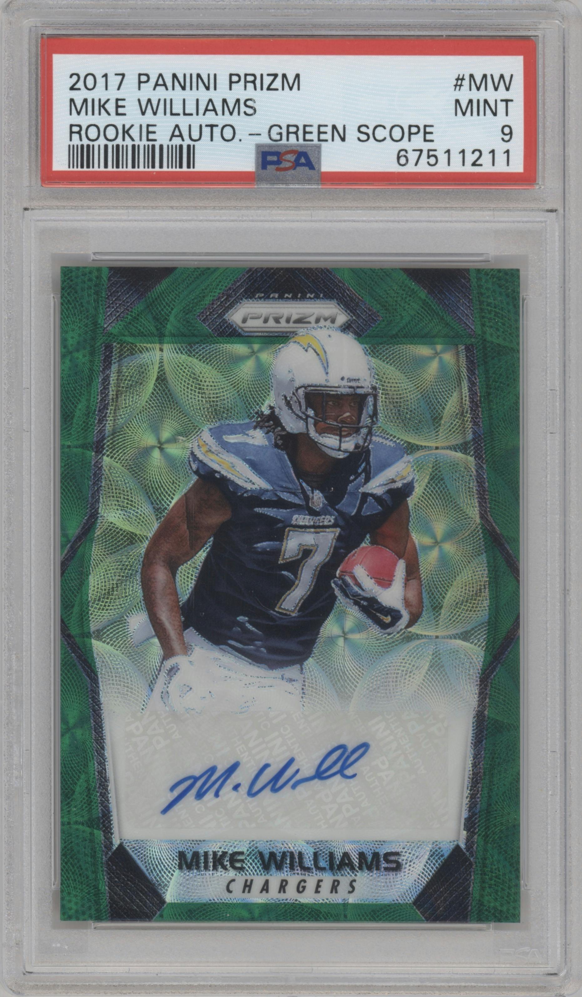 Mike Williams from the 2017 Panini Prizm set featuring a Green Scope parallel graded by PSA and given an overall grade of 9.