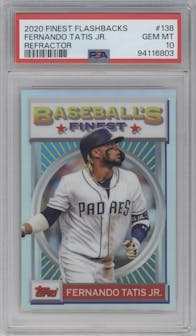 Fernando Tatis Jr. from the 2020 Topps Finest Flashbacks set featuring a Refractor parallel graded by PSA and given an overall grade of 10.