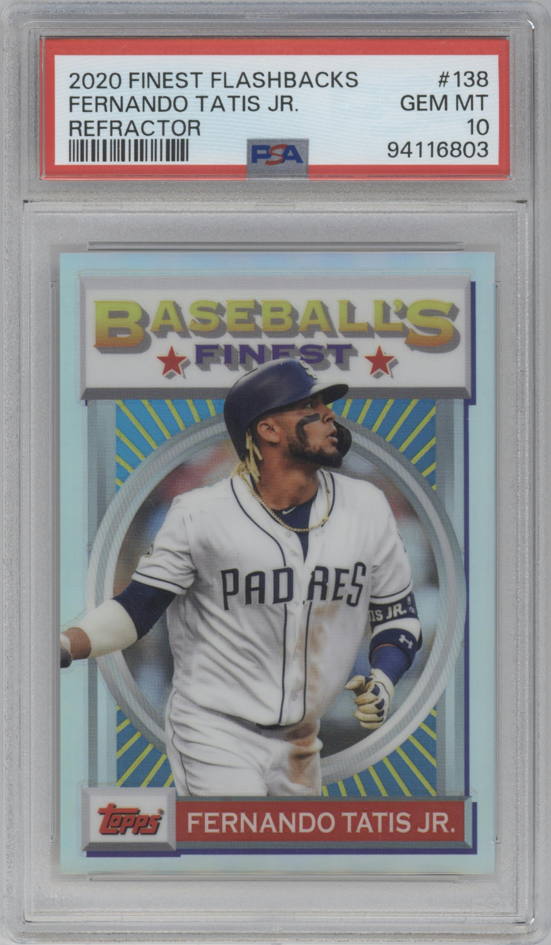 Fernando Tatis Jr. from the 2020 Topps Finest Flashbacks set featuring a Refractor parallel graded by PSA and given an overall grade of 10.