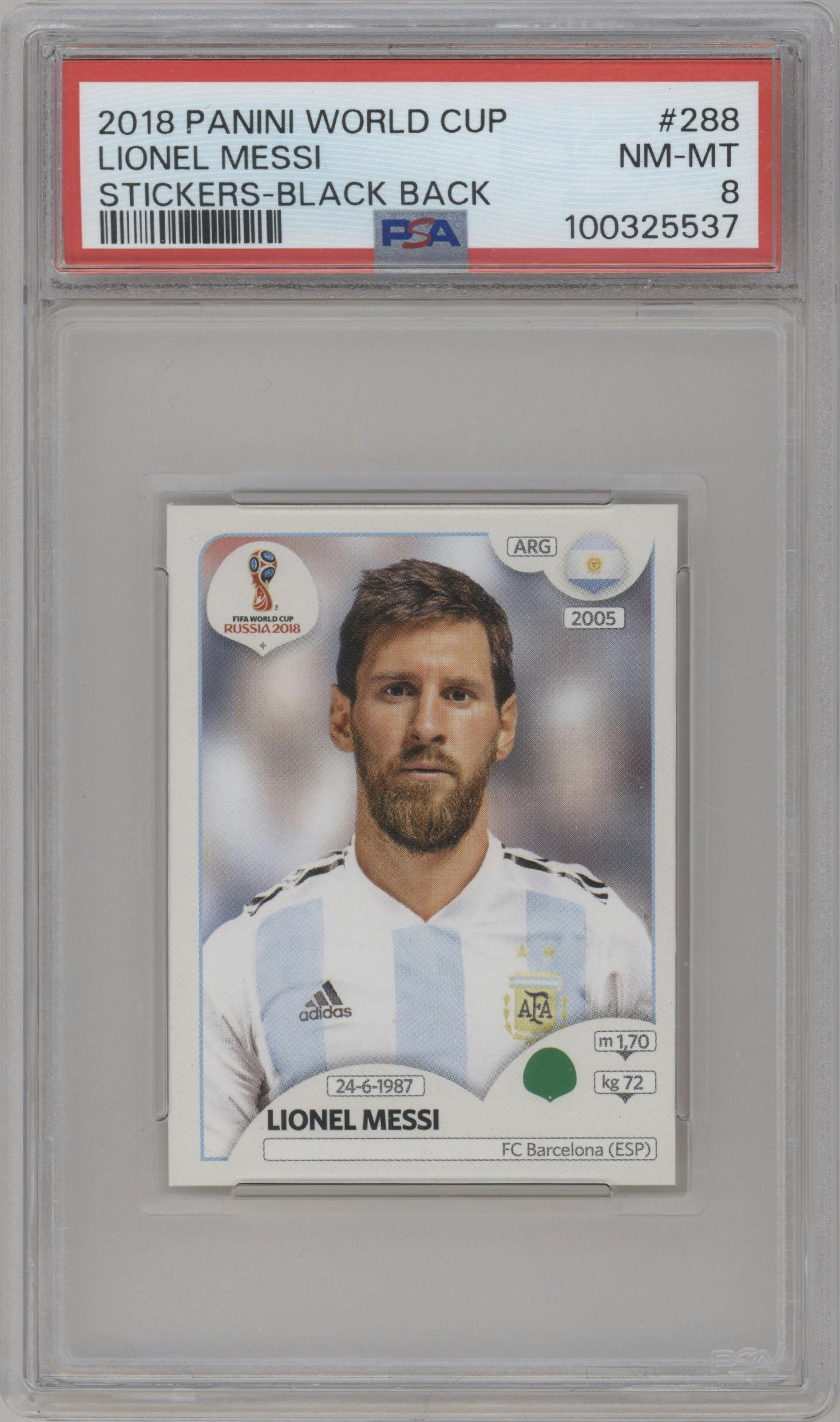 Lionel Messi from the 2018 Panini World Cup Stickers Russia set featuring a Black Back parallel graded by PSA and given an overall grade of 8.