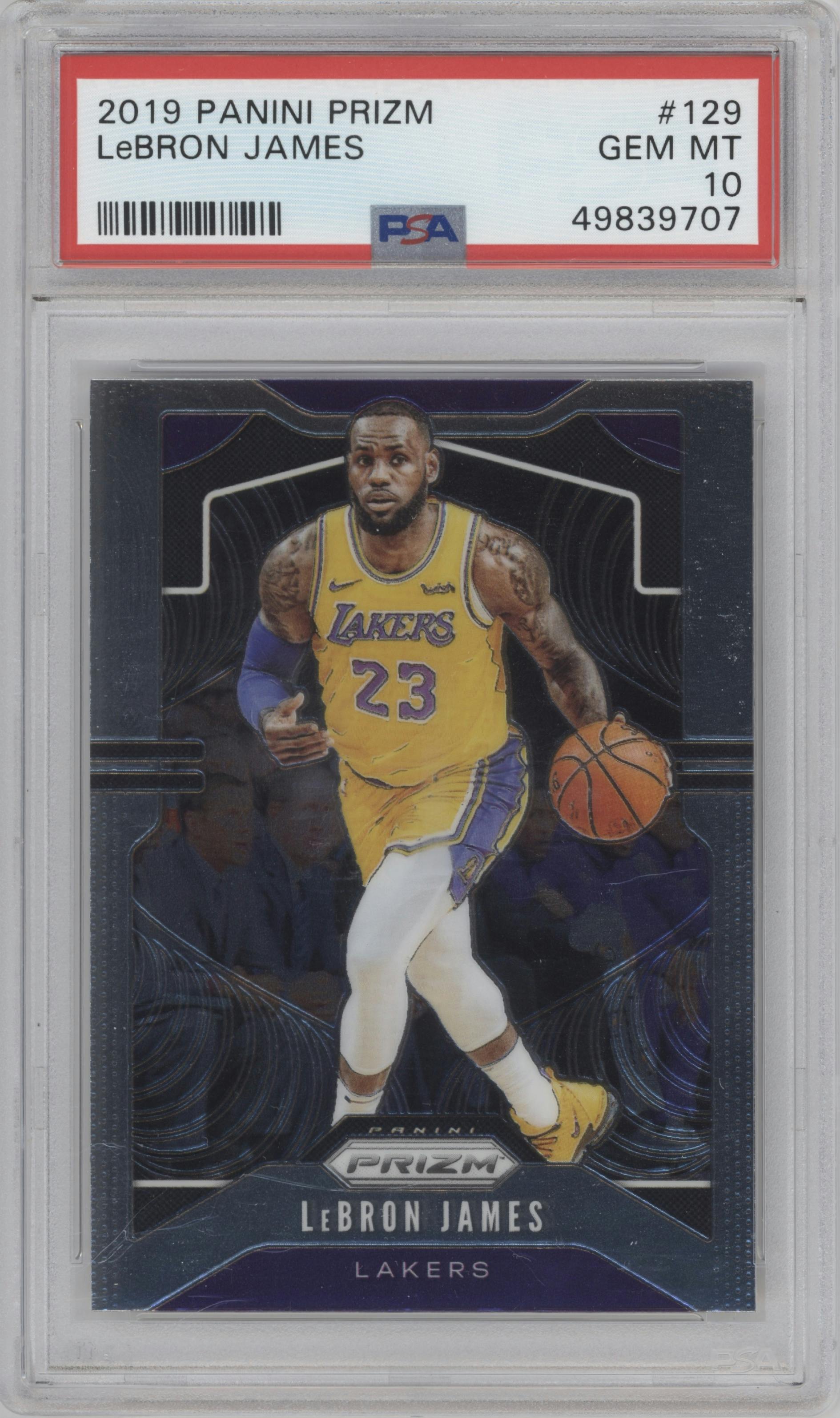 LeBron James from the 2019-20 Panini Prizm set graded by PSA and given an overall grade of 10.