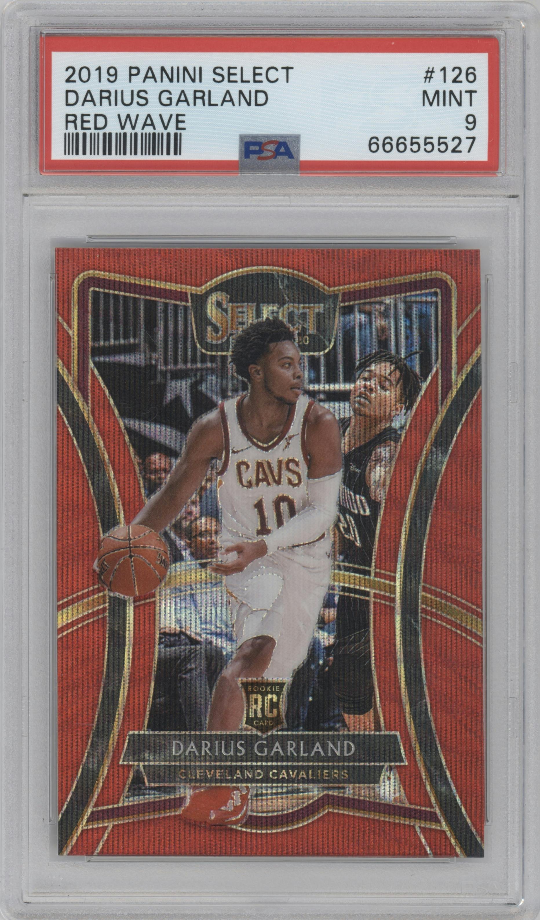 Darius Garland from the 2019-20 Panini Select set featuring a Red Wave parallel graded by PSA and given an overall grade of 9.