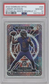 Lamar Jackson from the 2022 Panini Donruss Optic set featuring a White Sparkle parallel graded by PSA and given an overall grade of 10.
