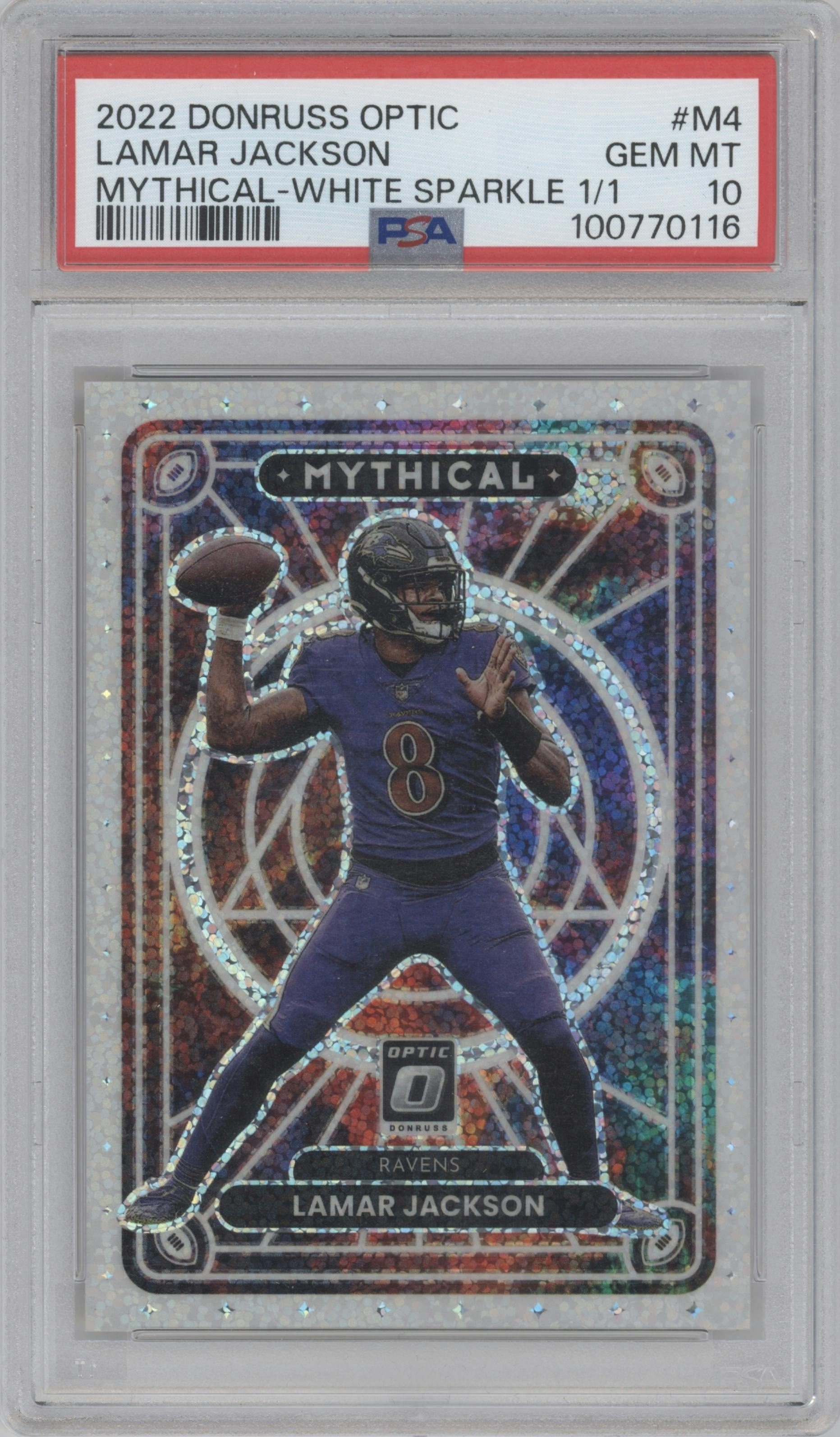 Lamar Jackson from the 2022 Panini Donruss Optic set featuring a White Sparkle parallel graded by PSA and given an overall grade of 10.