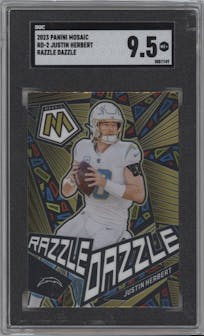 Justin Herbert from the 2023 Panini Mosaic set graded by SGC and given an overall grade of 9.5.