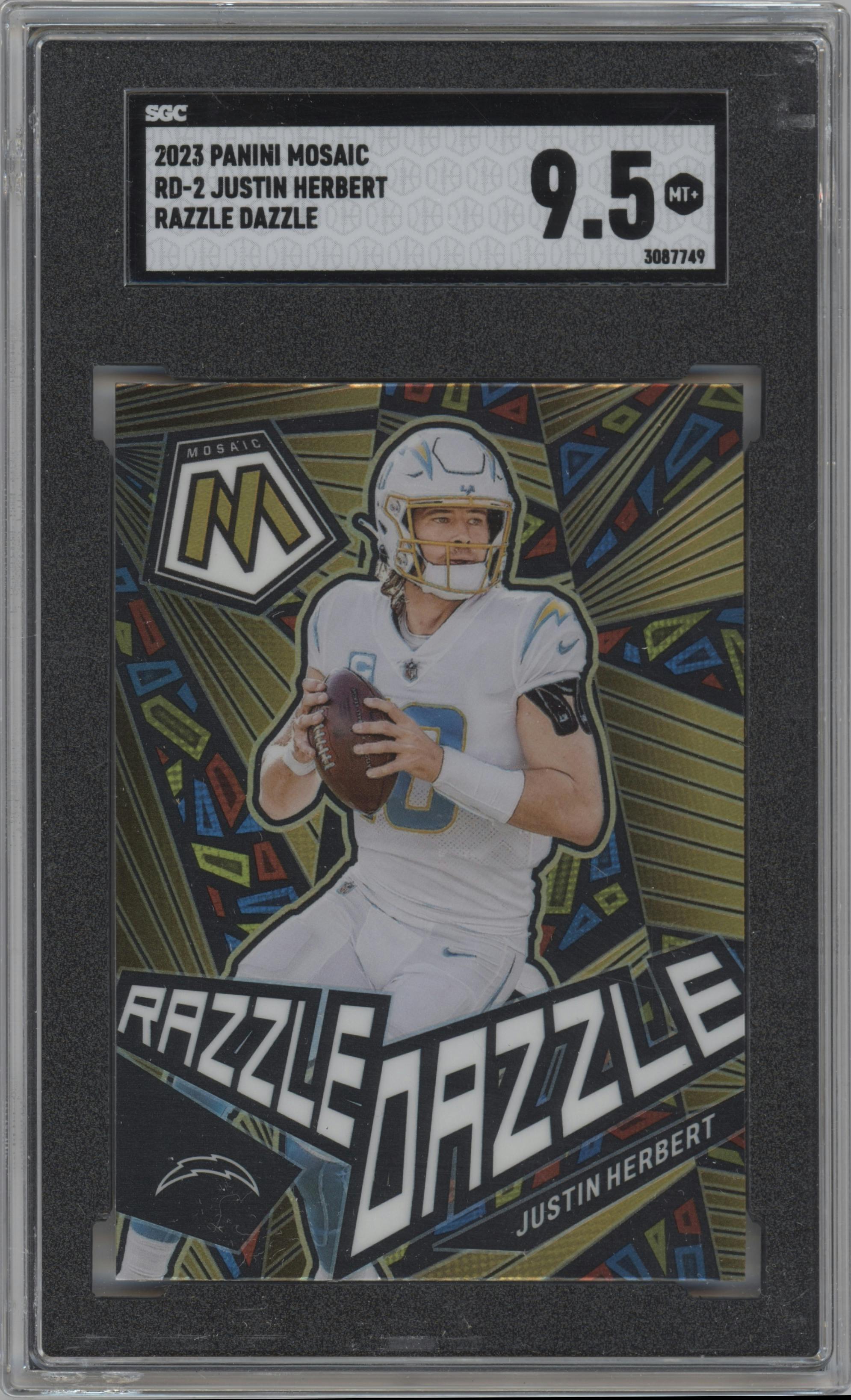 Justin Herbert from the 2023 Panini Mosaic set graded by SGC and given an overall grade of 9.5.