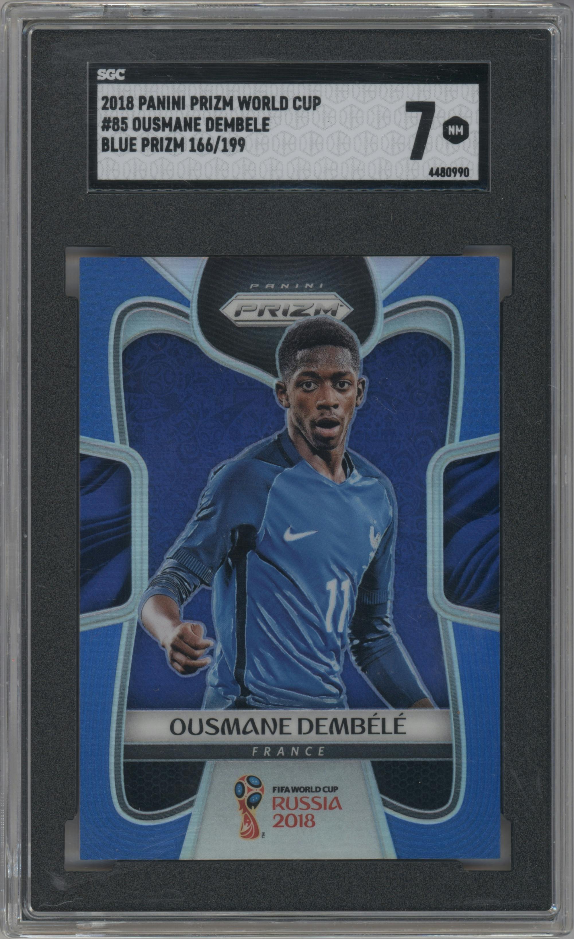 Ousmane Dembele from the 2018 Panini Prizm World Cup set featuring a Blue Prizm parallel graded by SGC and given an overall grade of 7.