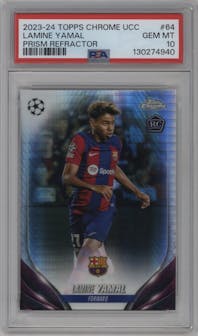 Lamine Yamal from the 2023-24 Topps Chrome UEFA Club Competitions set featuring a Prism Refractor parallel graded by PSA and given an overall grade of 10.