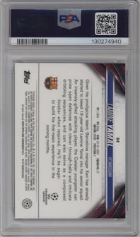 Lamine Yamal from the 2023-24 Topps Chrome UEFA Club Competitions set featuring a Prism Refractor parallel graded by PSA and given an overall grade of 10.
