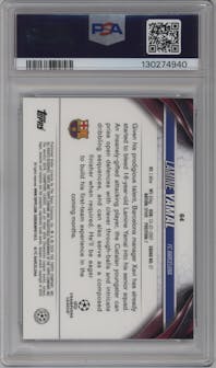Lamine Yamal from the 2023-24 Topps Chrome UEFA Club Competitions set featuring a Prism Refractor parallel graded by PSA and given an overall grade of 10.