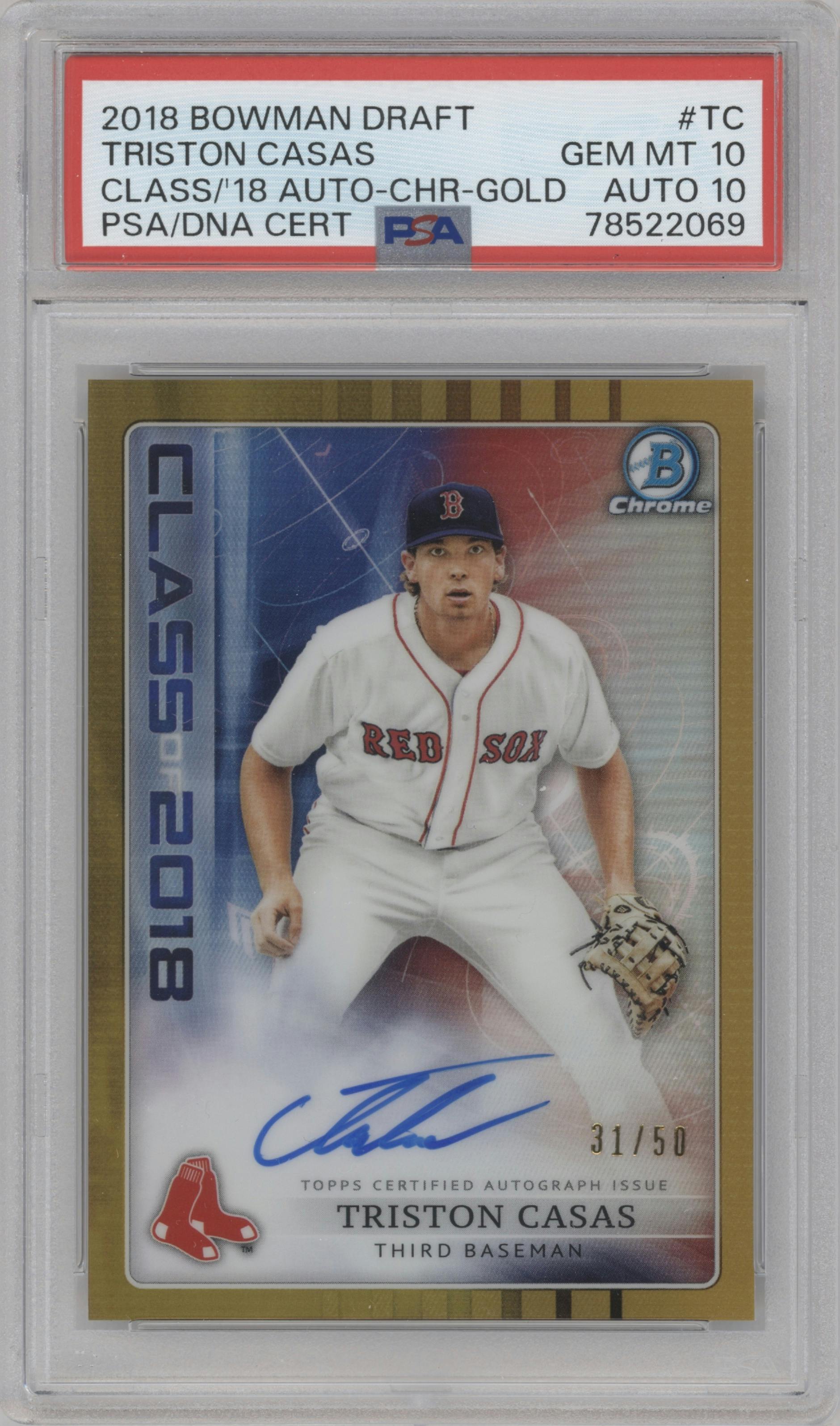 Triston Casas from the 2018 Bowman Draft set featuring a Gold Refractor parallel graded by PSA and given an overall grade of 10.