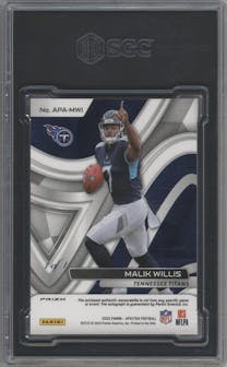 Malik Willis from the 2022 Panini Spectra set featuring a Gold NFL Shield parallel graded by SGC and given an overall grade of 9.5.