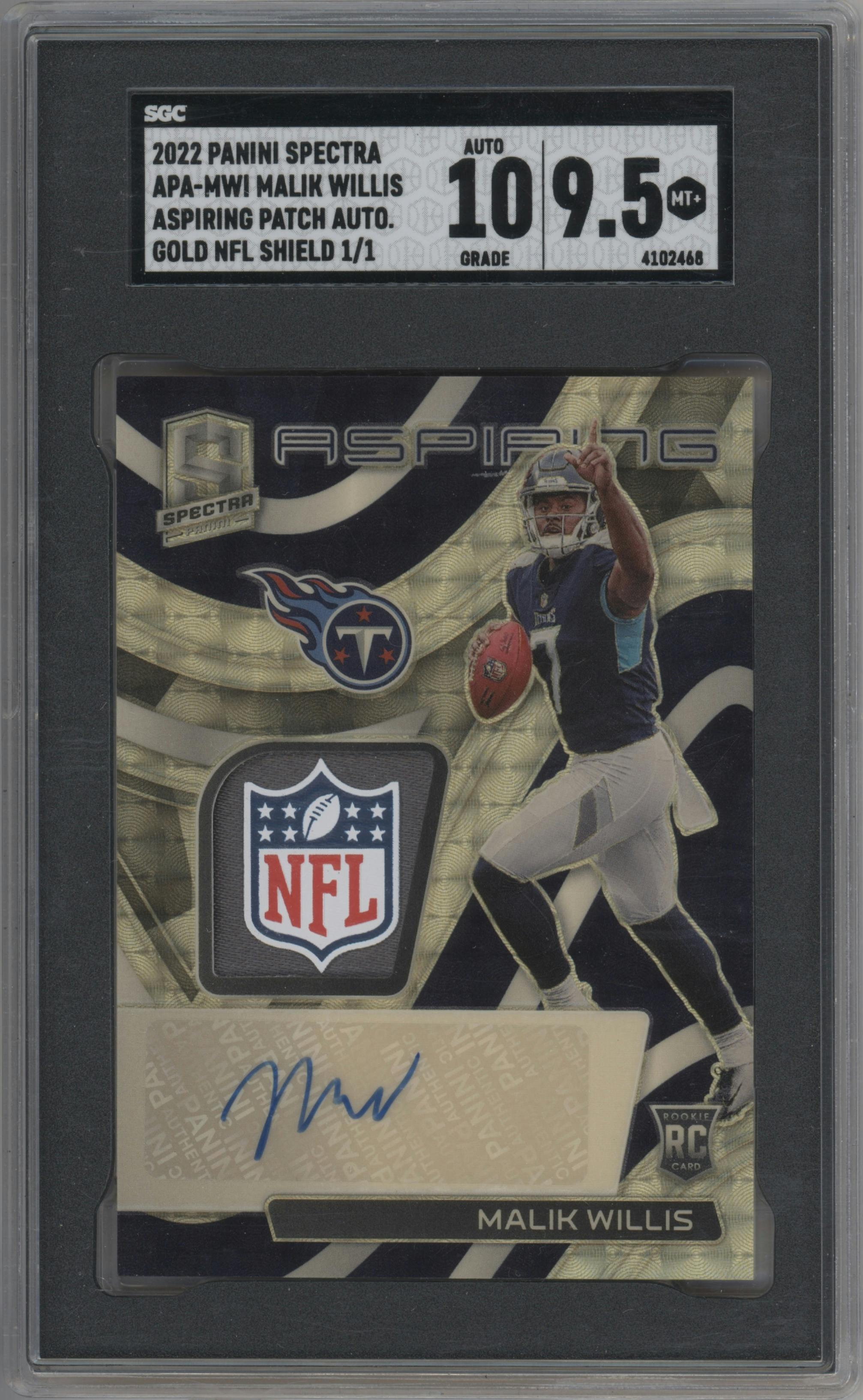 Malik Willis from the 2022 Panini Spectra set featuring a Gold NFL Shield parallel graded by SGC and given an overall grade of 9.5.