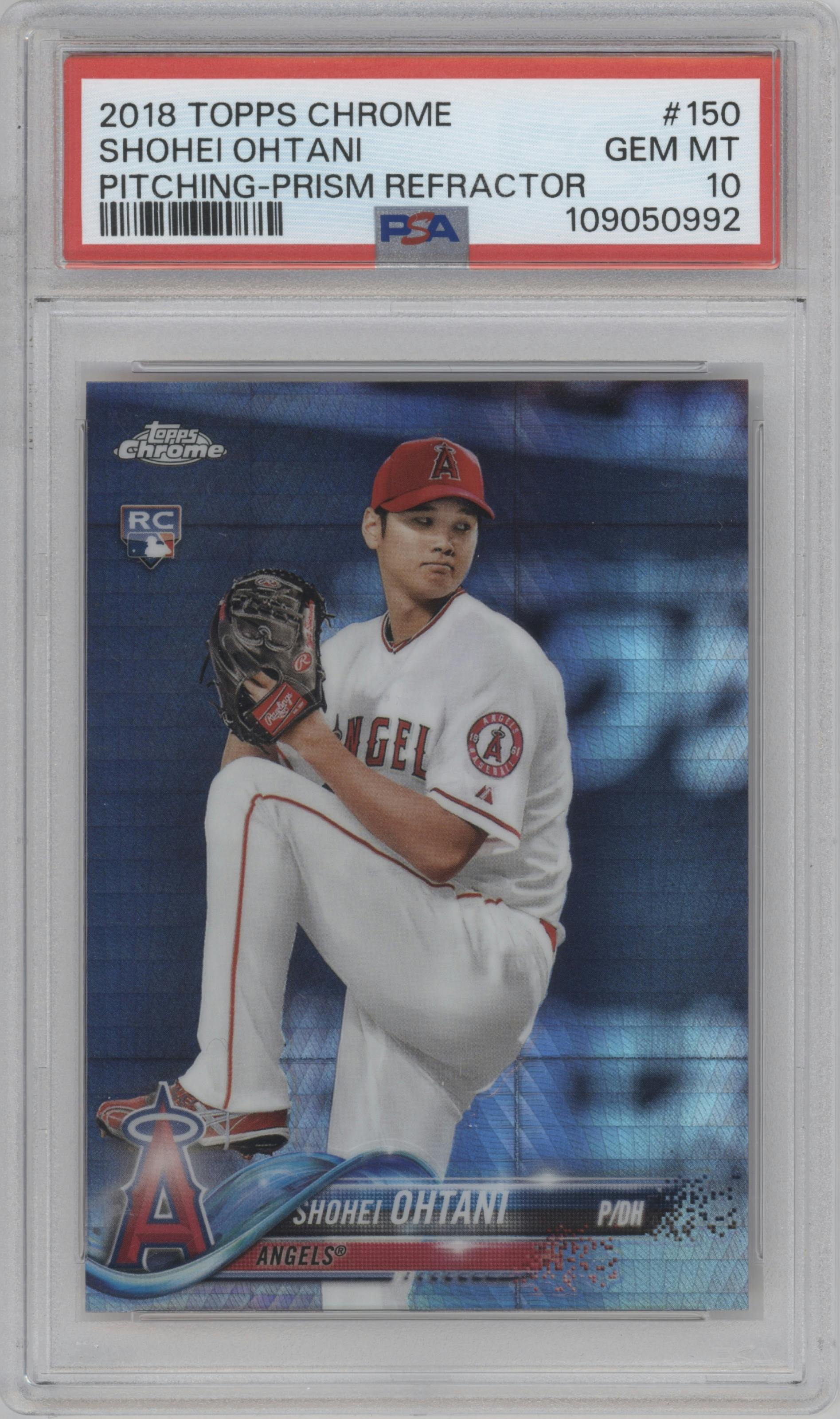 Shohei Ohtani from the 2018 Topps Chrome set featuring a Prism Refractor parallel graded by PSA and given an overall grade of 10.