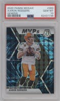 Aaron Rodgers from the 2020 Panini Mosaic set featuring a Genesis parallel graded by PSA and given an overall grade of 10.