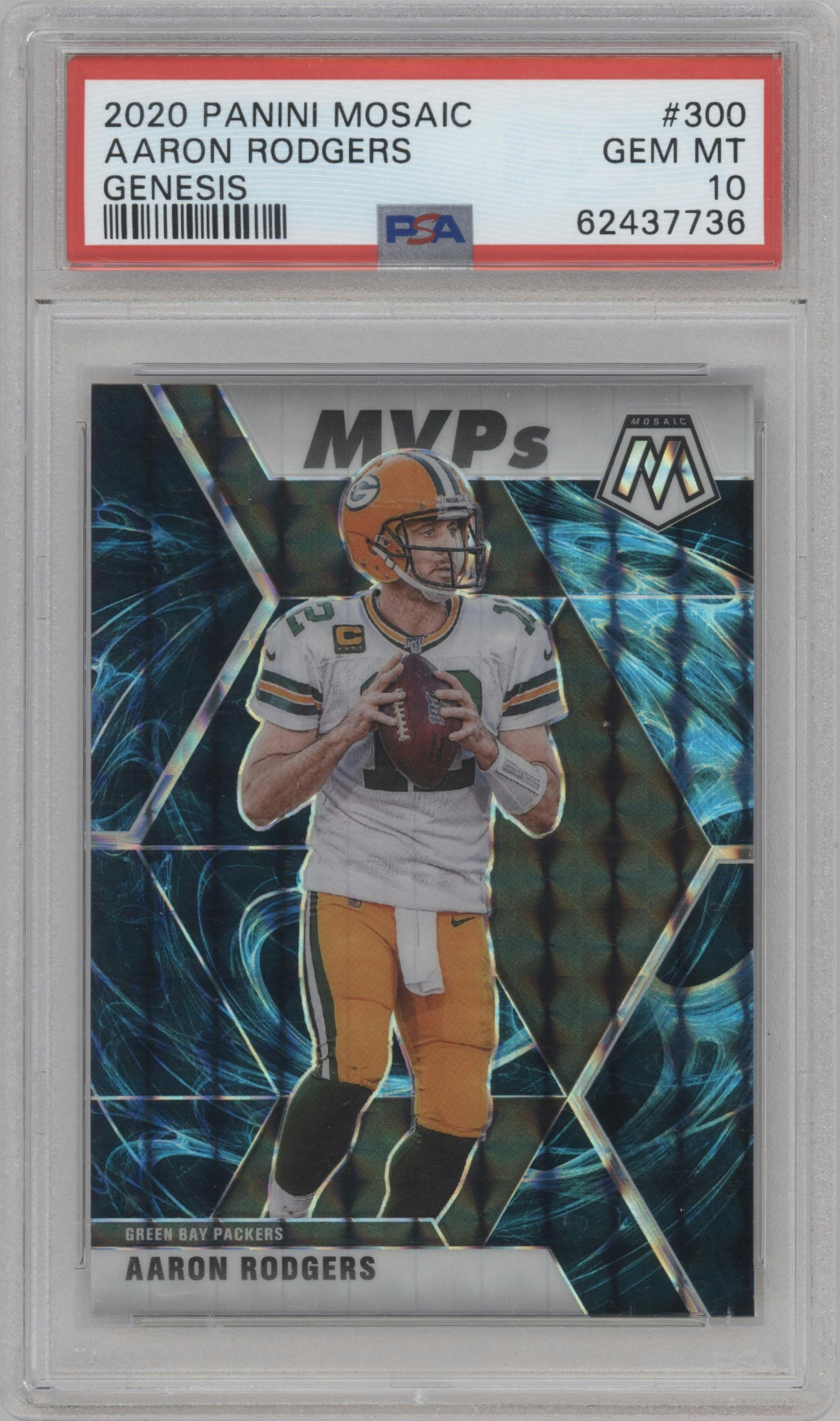 Aaron Rodgers from the 2020 Panini Mosaic set featuring a Genesis parallel graded by PSA and given an overall grade of 10.