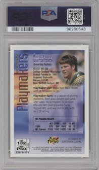 Brett Favre from the 1996 Topps Finest set featuring a Refractor W/ Coating parallel graded by PSA and given an overall grade of 9.