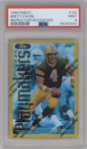 Brett Favre from the 1996 Topps Finest set featuring a Refractor W/ Coating parallel graded by PSA and given an overall grade of 9.