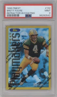 Brett Favre from the 1996 Topps Finest set featuring a Refractor W/ Coating parallel graded by PSA and given an overall grade of 9.