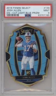 Josh Allen from the 2018 Panini Select set featuring a Die-Cut Light Blue Prizm  parallel graded by PSA and given an overall grade of 9.